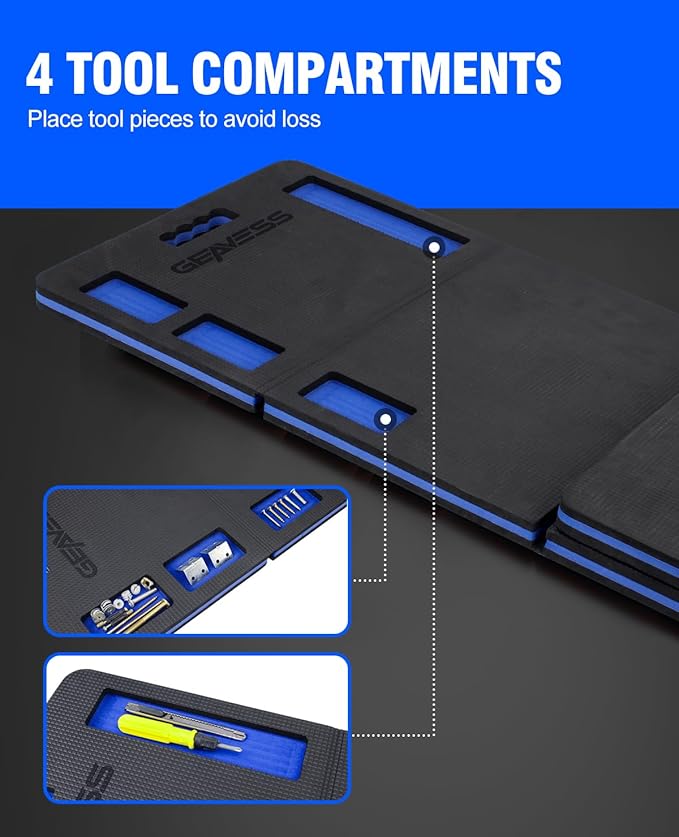 1.1" Extra Thick Foldable Kneeling Pad Mechanic Mat with Handle & Belt & Tool Compartments, Soft Foam Knee Cushion for Gardening, Garage Work, Workshop Repairing, Yardwork (47.2" x 15.7")