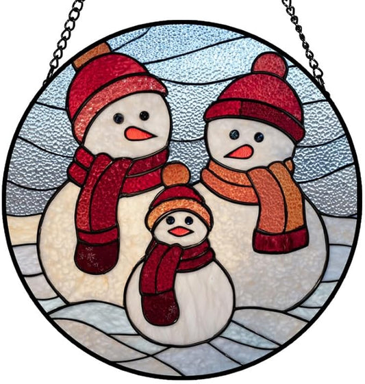Stained Glass Window Hanging – 6.3 in Snowman Family Panel with Chain， Bathroom Front Door Living Room Garden Winter Holiday Decor， Gift for Mom Wife Lovers