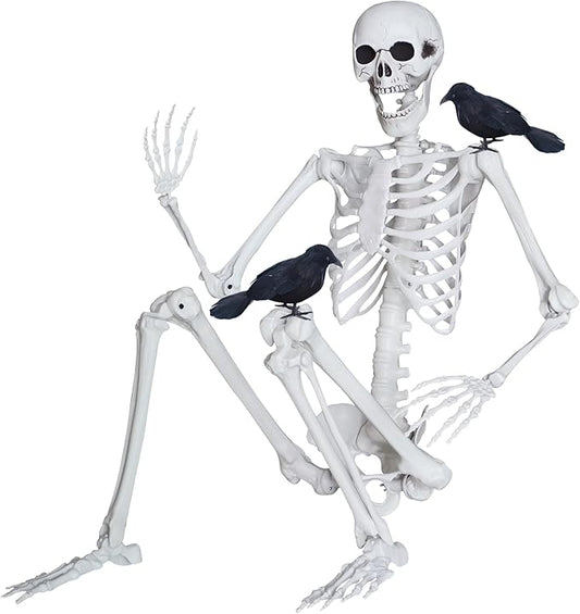 5.4ft/165cm Halloween Skeleton with Realistic Crows Full Body Plastic Human Bones with Movable Joints for Indoor Outdoor Halloween Decor
