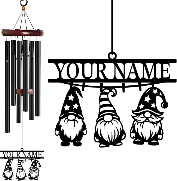 Personalized Customize Name Gnome Wind Chime, Metal Iron 37 Inch Outdoor Memorial Gift for Garden Yard Patio Home Decor, Black，Christmas (Style F)