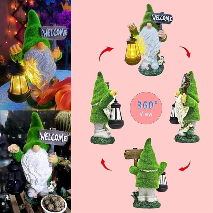 Halloween Fall Welcome Gnomes Statue Gift for Front Door Welcome Figures Solar Decor- Fall Gnomes Statue with Light Lanterna for Outdoor Yard