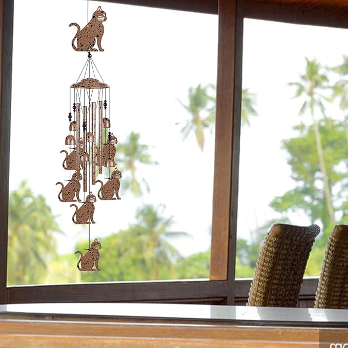 Outdoor Cats Wind Chimes Indoor Decor - Hand-Made Mobile Romantic Brown Wind Catcher, 36" Cat Wind Bells for Home, Balcony, Patio, Garden Festival Decoration, Gift for Mom(4 Tubes, 6 Bells, 7Cats)