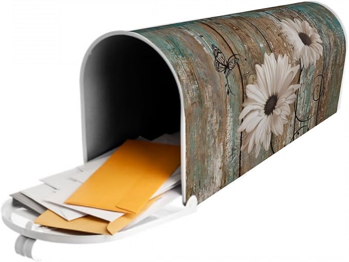 Rustic Daisy Board Mailbox Cover Magnetic, White Sunflowers Vintage Wood Grain Plank Mailbox Wrap Letter Post Box Cover for Yard Garden Outside Home Decor, Standard Size 21x18 Inch