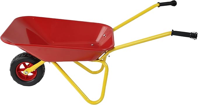 Red Metal Wheelbarrow, Easy Loading and Dumping Garden Cart with Steel Tray, Durable Heavy Duty Utility Trolley for Transporting Leaves, Soil, Sand, and More (1 Wheel)