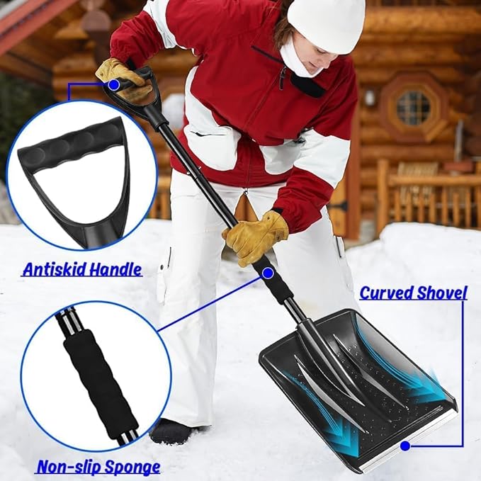 Snow Shovel for Car and Driveway, 42.5 Inch Foldable Lightweight Aluminum Alloy Ice Scraper, Heavy Duty Ergonomic Handle for Emergency Snow Removal, Garden, Black