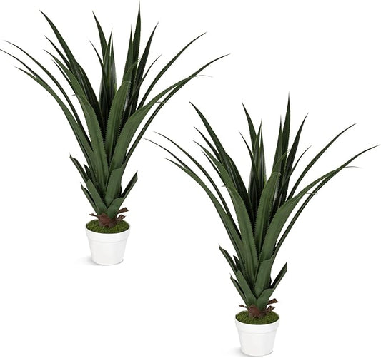 Set of 2 Artificial Agave Plants 39.4 Inch, Realistic Faux Spiked Agave Trees with Lifelike Leaves and Moss in White Pots, Indoor Outdoor Floor Plants for Home Office Patio Porch Decor(2pcs-3.2ft)