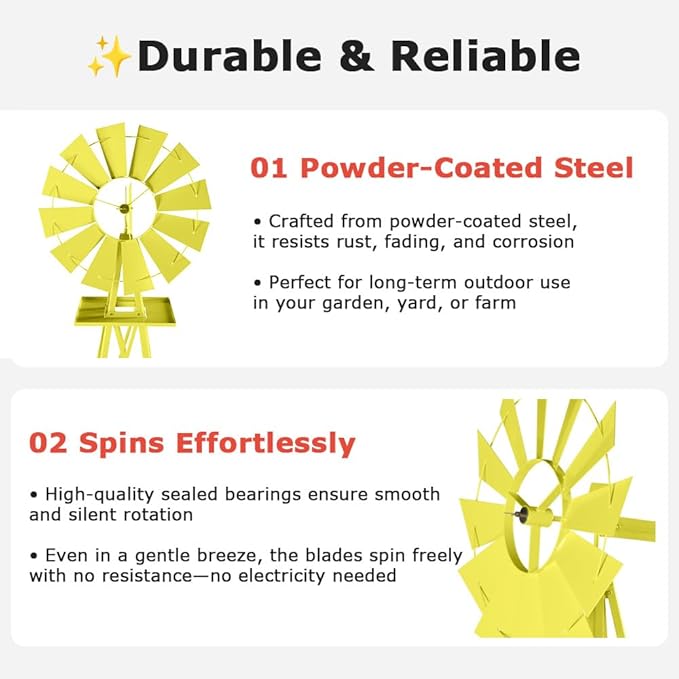8FT Windmill for Yard Garden Decoration with Weather Vanes，Heavy Duty Outdoor Wind Mills, Large Metal Outdoor Windmill,Weather Resistant,Yellow