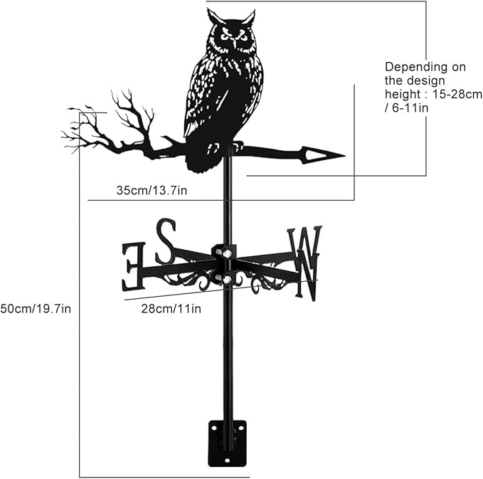 Metal Rooster Shape Weathervane, Roof Mount Weather Chicken Wind Vane Direction Indicator,Outdoor Scene Garden Chicken Weather Vane Ornament for for Shed Farmhouse Patio Decor(Owl)