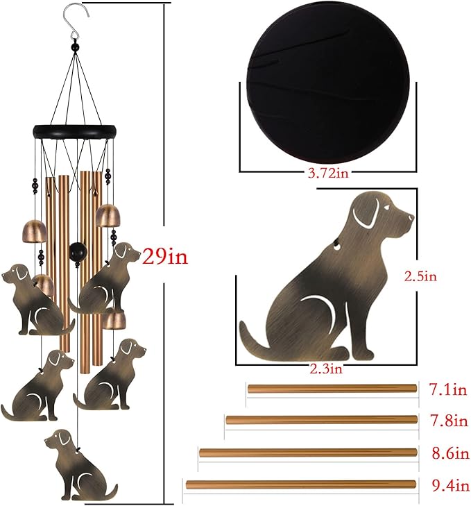 Bronze Dog Wind Chime, Gifts for Mom, Home, Garden, Balconies, Room, Patio, Indoor, Outdoor Decoration, Chimes, with 4 Aluminum Tubes 5 Dog Wind Catcher, Wind Bell Decor
