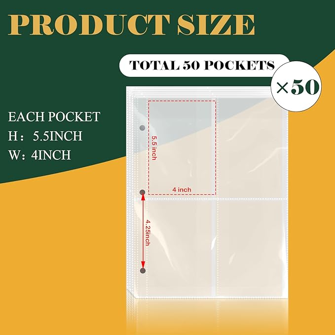 50 Pack 200 Pockets Seed Packet Binder Sleeves, Garden Seed Storage Organizer Pages for 3 Ring Binder, Slot Size 4x5.5 Clear Sleeves for Seed Holder Container, Seed Saver Protector