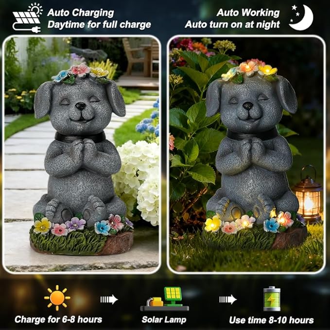 Solar Dog Statue Garden Decor with LED Lights Outdoor Dogs Decor Gifts for Women Dog Figurines for Patio Yard Garden Home Decoration