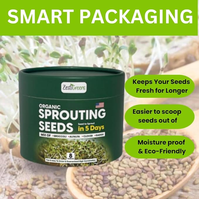 ZestiGreens Fresh Sprouting Seeds Mix Broccoli, Alfalfa, Radish, Clover Seeds in Food Grade Colorful Container with Lid for Easier Scooping & Keeping Fresher (0.5 lb)