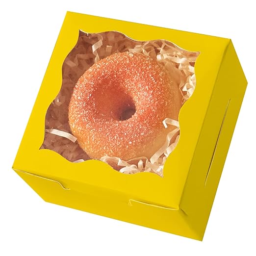 qiqee Yellow Bakery Box with Window 4x4x2.5 inch 30Packs Macaron Boxes Small Donut Pastry Boxes for Party Mini Cookie Boxes
