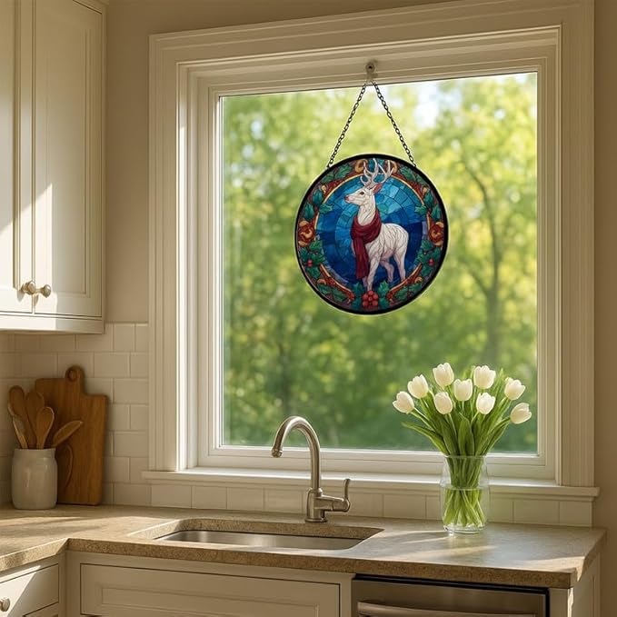 Stained Glass Window Hanging – 11.8 in White Reindeer Panel with Chain， Bathroom Front Door Living Room Garden Christmas Decor， Gift for Mom Wife Lovers