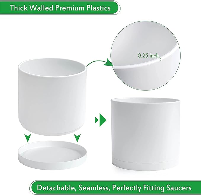 D'vine Dev 8 Inch Plastic Planter Pots for Plant Pot with Drainage Hole and Seamless Saucers, White Color, 74-X-A-1