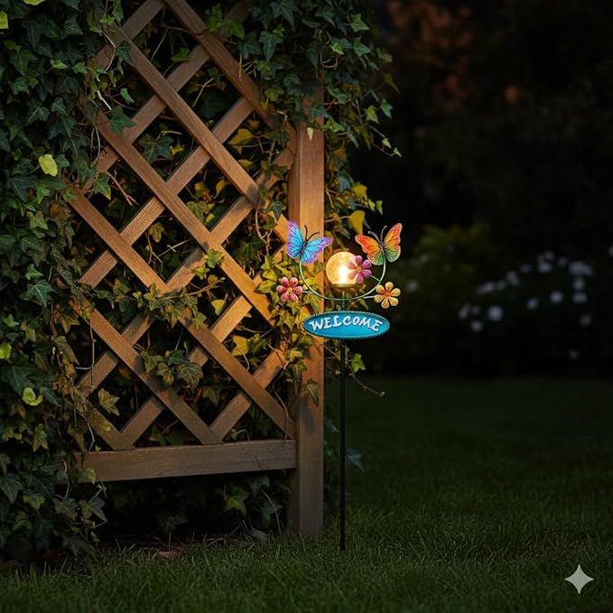 Solar Garden Stakes Metal Welcome Signs for Outside 28.1' - 2 Flying Butterflies with Cracked Glass Ball,Decorative Garden Stakes for Lawn, Patio, Butterfly Gifts for Women