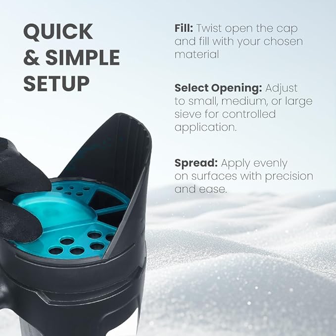 AquaDoc Ice Melt Hand Spreader for Snow Salt, Fertilizer, Grass Seed Shaker - Multi-use Hand Held Salt Spreader for Snow with Multiple Size Openings