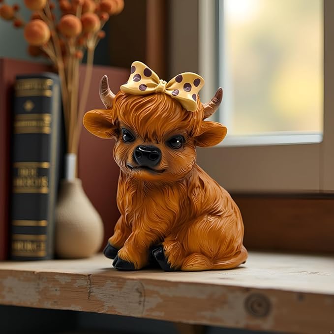 Highland Cow Figurine for Tie a Bow Decor, Highland Cows Themed Gifts for Women, Resin Figures Home Desk Decorations Accents (Brown) (1, Highland Cow Figurine(Brown))