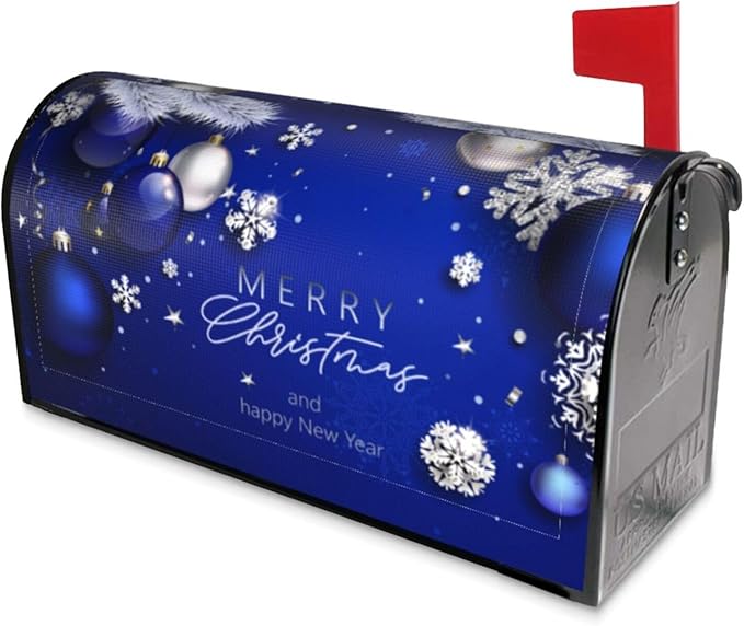 Christmas Mailbox Covers Blue Ball Fir Branch Snowflake Magnetic Letter Post Box Cover Standard Size 21 x 18 Inch Garden Yard Home Decorative