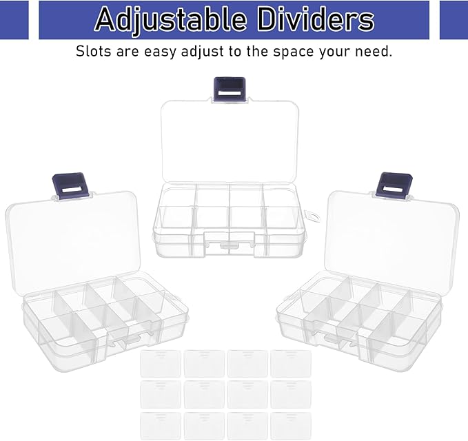 12 Pack 8 Grids Small Plastic Divider Organizer Box, Clear Bead Storage Container with Removable Dividers, Grid Compartment for Small Parts, Screw and Craft, 4.1"x 2.6"x 0.9"