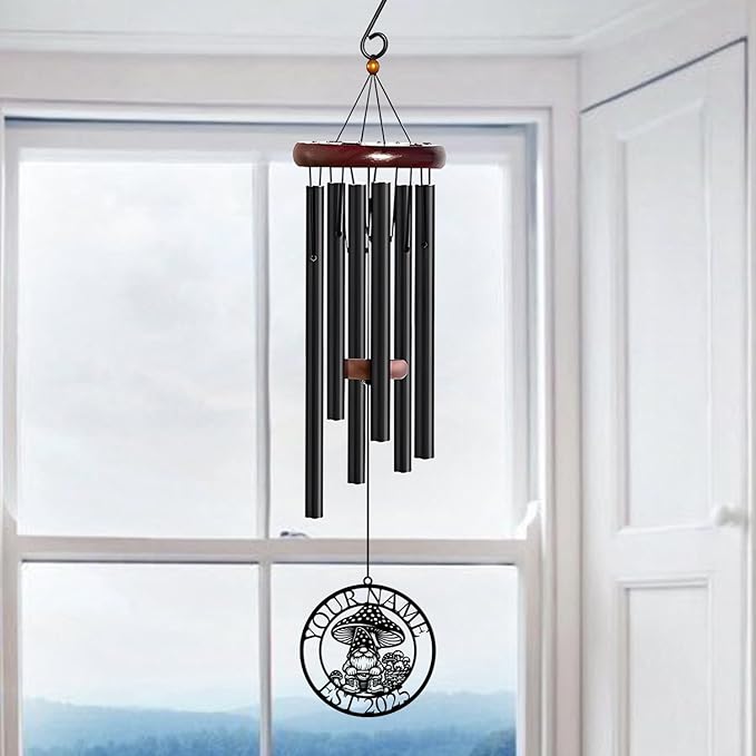 Personalized Customize Name Gnome Wind Chime, Metal Iron 37 Inch Outdoor Memorial Gift for Garden Yard Patio Home Decor, Black，Christmas (Style E)