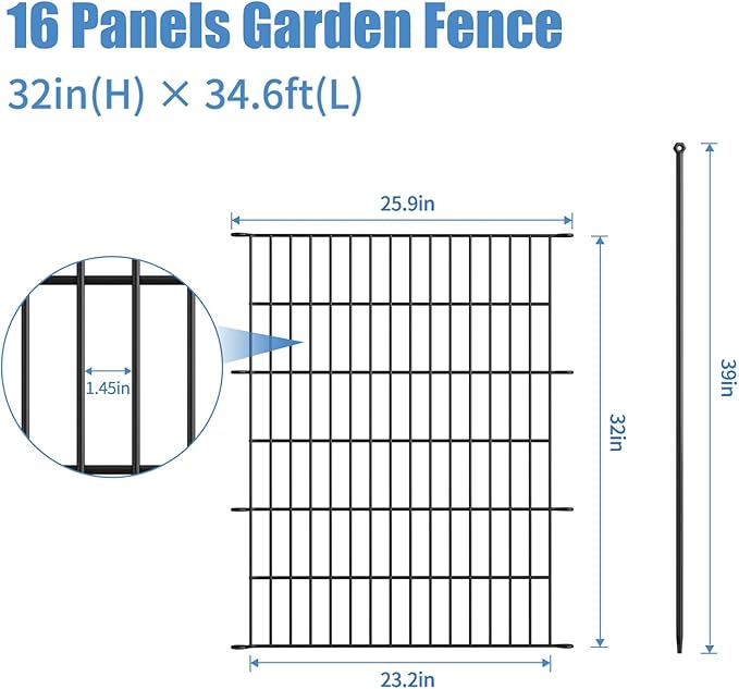 16 Panels Garden Fence,Rustproof Metal Fence Panels - 32in (H)×37.8ft (L) Garden Fencing Animal Barrier with Gate,Dog Fence Outdoor for Yard