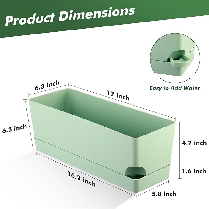 4 Pack Self Watering Pots for Indoor Plants 17 Inches Window Boxes Planters Rectangular Flower Pots Rectangle Herb Pots Large Plant Pots with Drainage Holes and Saucers Windowsill Planter, Green