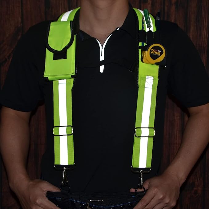 Dr.TOUGH Tool Belt Suspenders for Men Carpenter Tool Belt with Suspenders Padded Tool Belt Suspenders With Magnet Pocket (Fluorescent Green)