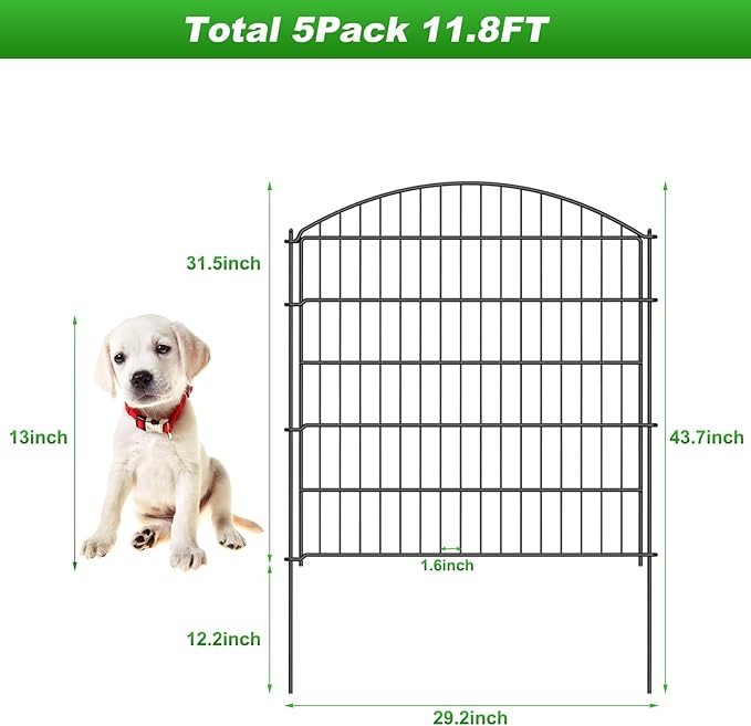 10 Panels Tall Decorative Garden Fence with Gate, 23.6ft(L) x31.5in(H) Animal Barrier Fence for Dogs, Tall Metal Fencing Panels for Yard, Rustproof Steel Border for Garden, Patio, Lawn