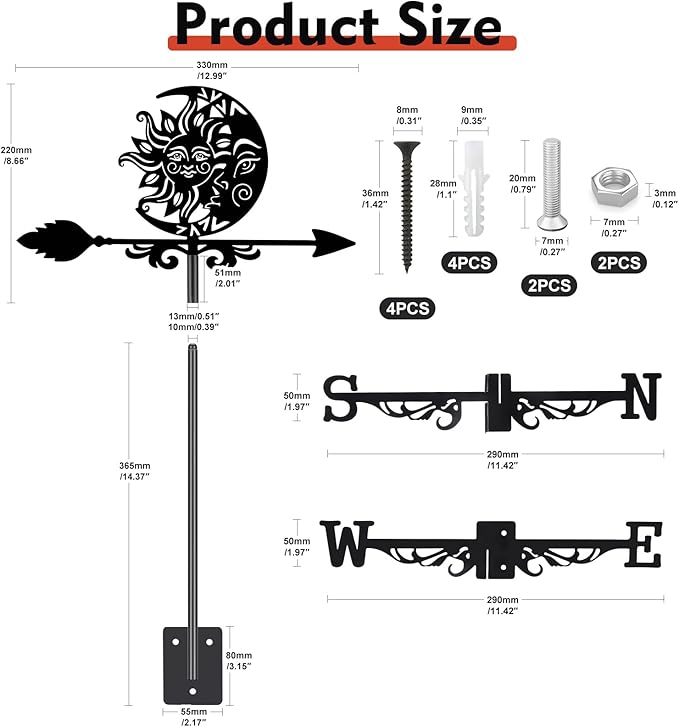 Sun and Moon Face Weather Vane, Black Metal Weathervane Roof Mount, Wind Direction Indicator Wind Measuring Tool Outdoor, Wind Vane Ornament Decoration for Shed Garden Yard Farmhouse Patio Decor