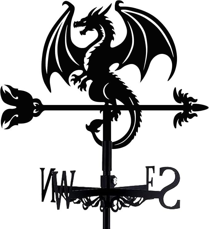Dragon Weathervane Metal Wind Vane Arrow Weathercock Garden Decoration Wind Direction Indicator Stake Roof Mount Ornament for Farmhouse Yard Outdoor