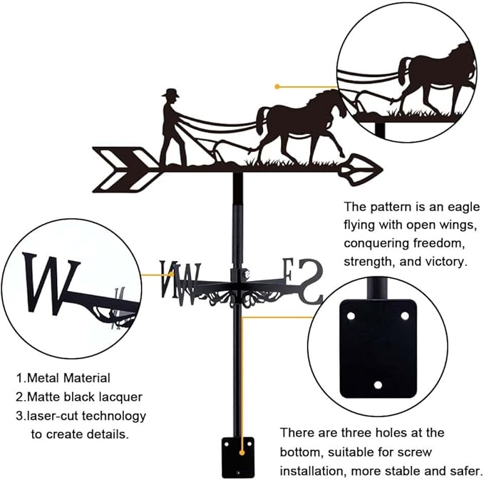 SUPERDANT Plow Horse Weather Vane Retro Animal Wind Vanes for Yard Metal Weathervane Roof Mount for Gardens Outside Black Weathervanes Farmhouse Garage Barn Sheds Patio Decorations