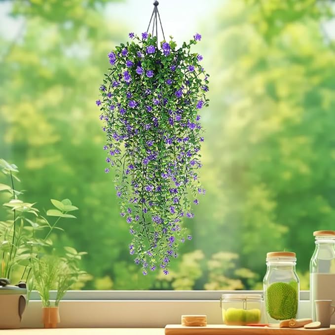 WEISPARK Artificial Hanging Flowers, 4pcs Fake Eucalyptus Vine Faux Flower Greenery Garland Plastic Plants for Indoor Outdoor Wall Garden Wedding Home Party Decor (Purple)