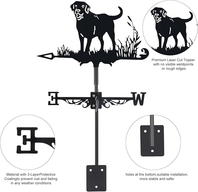 3D Dog Metal Weather Vane,Stainless Steel Black Animal Weathervane Wind Direction Indicator Roof Garden Decorations for Outdoor Farm Yard Garden Gazebo