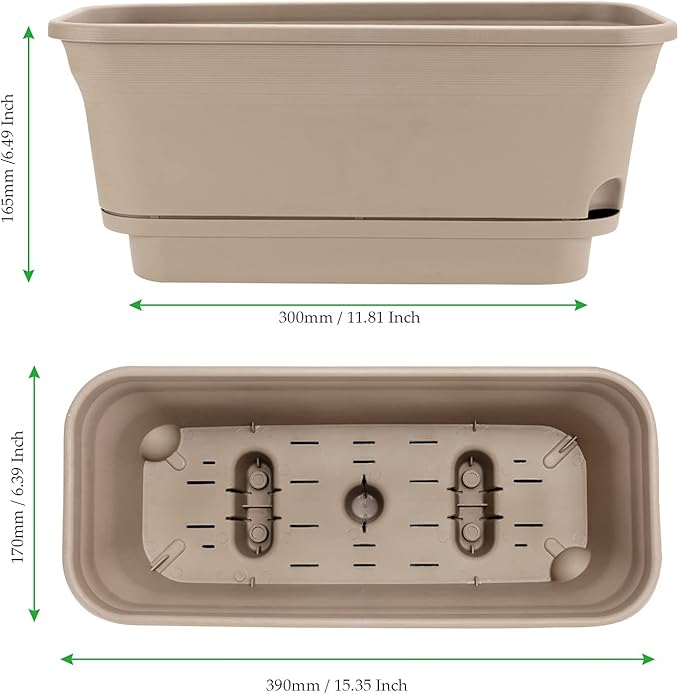 Set of 4 Flower Window Box Plastic Vegetable Planters with Drainage Hole Saucer, 15" Rectangle Self Watering Flowerpot, Garden Plant Decorative Pots for Windowsill, Indoor Succulents, Brown