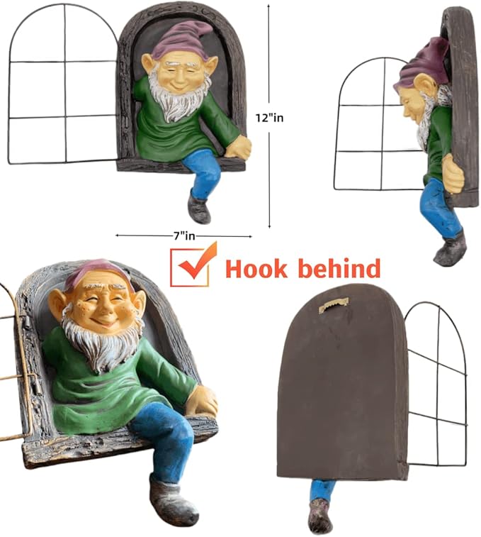 12" Real Gnome Tree Face Hugger Statue,Garden Decoration Climbing Decor Outdoor,Whimsical Fairy Door Tree Face Figurine Lawn Patio Decor,Funny Elves Peeker Sculpture Hanging Yard Art