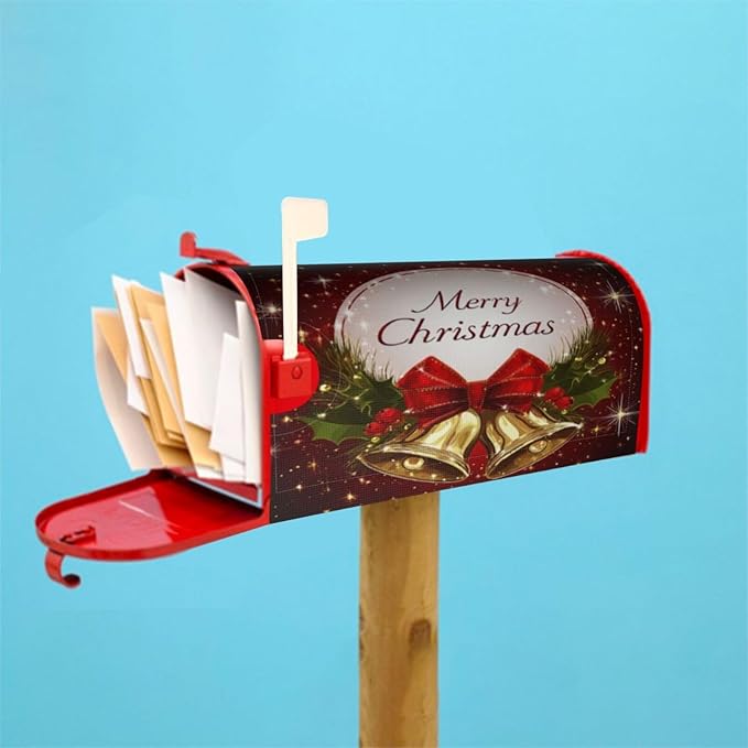 Festive Magnetic Mailbox Cover Christmas Bell Pattern Outdoor Mailbox Protector Holiday Seasonal Decorative Garden Yard Home Large Size 25.5 x 21 Inch