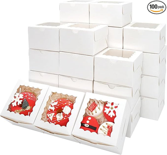 100pcs Cookie Boxes 4x4x2.5 Inch Bakery Boxes with Window Treat Box Dessert Box for Wedding Favors Party - White