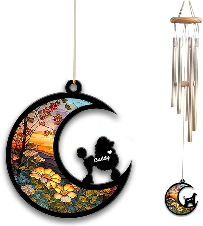 Poodle Sun Catcher Wind Chime, Custom Sunflower Suncatcher Dog Memorial Wind Chime, Dog Loss Gift, Dog Sympathy Gift, Pet Loss Suncatcher, Outdoor Garden Decor