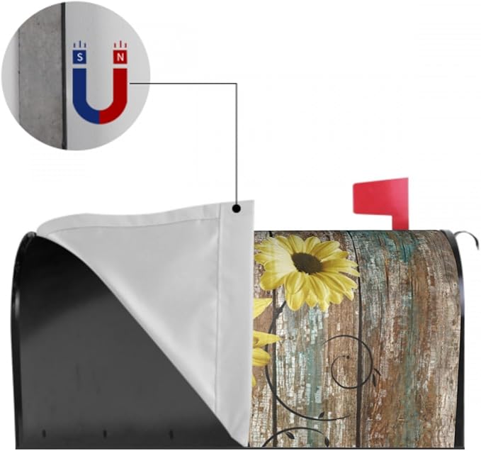 Rustic Daisy Board Mailbox Cover Magnetic, Yellow Sunflowers Vintage Wood Grain Plank Mailbox Wrap Letter Post Box Cover for Yard Garden Outside Home Decor, Large Size 25.5x21 Inch