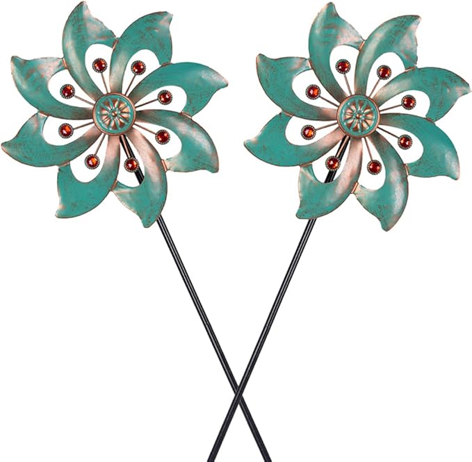 VEWOGARDEN Single-Blade Wind Spinner, Outdoor Metal Wind Spinner with Floral Design for Yard, Garden, Lawn Decor, 10 Inch, 2 Pack