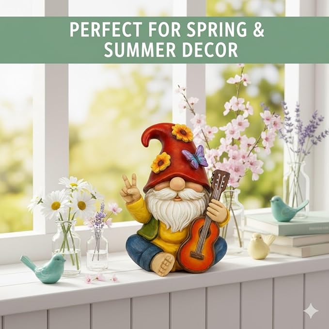 Peace Sign Garden Gnome Figurine Outdoor Statue, Funny Guitar Playing Dwarf Rock Music Decor - 6‘’ Resin Lawn Ornament, Unique Housewarming Gift for Music Lovers & Gardeners (Red)