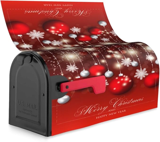 Christmas Mailbox Covers Red Glitter Snowflake Ball Magnetic Letter Post Box Cover Standard Size 21 x 18 Inch Garden Yard Home Decorative