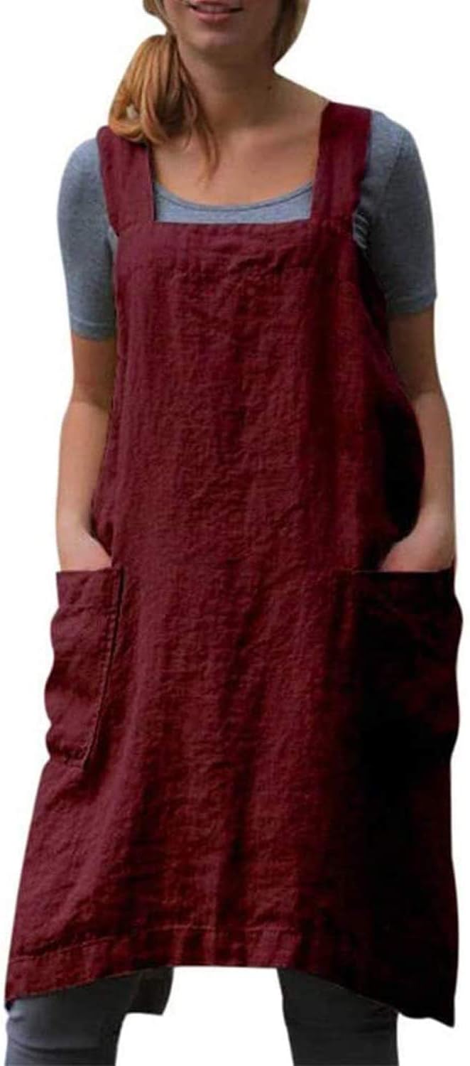 Cotton Linen Apron Cross Back Baking Cooking Gardening Apron for Women with Pockets Pinafore Dress
