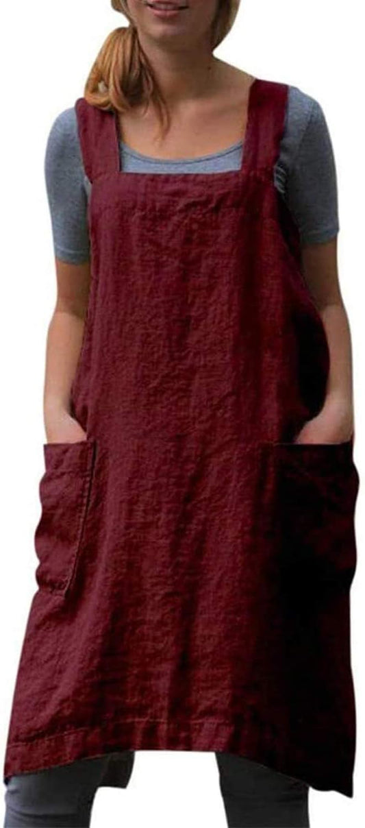 Cotton Linen Apron Cross Back Baking Cooking Gardening Apron for Women with Pockets Pinafore Dress