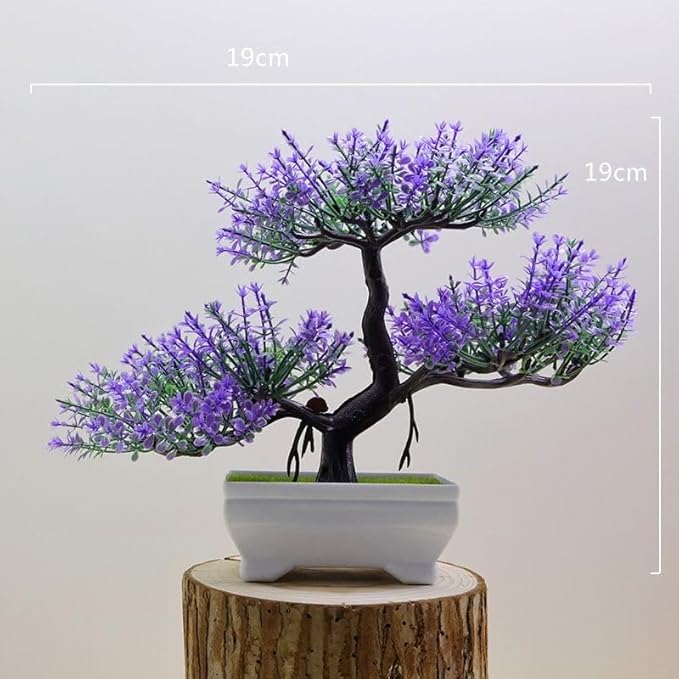 Mini Artificial Bonsai Tree Plants Artificial Plant Welcome Pine Tree with Plastic Cement Pots for Home Office Décor (Purple)