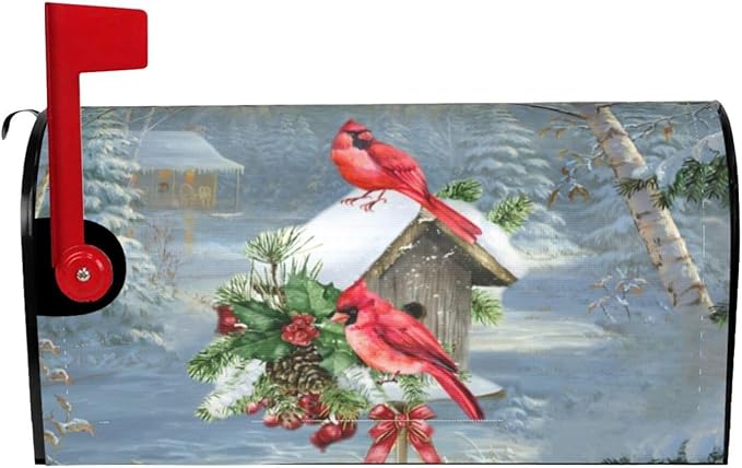 Xmas Winter Cardinal Birds Mailbox Cover, Christmas Snow Bird House 21" X 25.5" Magnetic Mailbox Covers, Large Size Mailbox Wraps Post Letter Box Cover for Outdoor Decorations