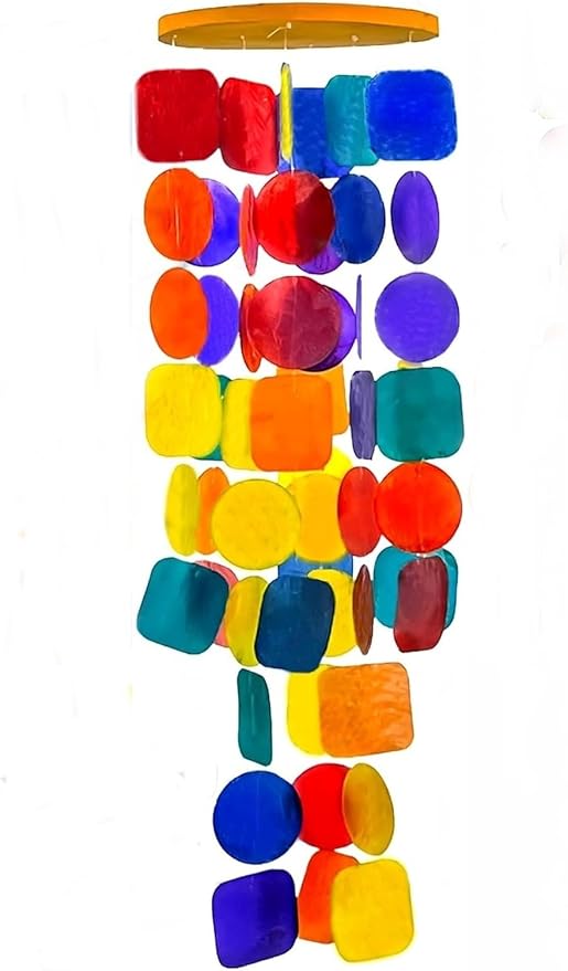 Bellaa Wind Chimes Outdoor, Garden Decorations, Musical, Indoor/Outside Windchimes, Beach, Ocean, Breeze, Gifts for Mom, Gift for All Occasions, Capiz Sea Glass Shells Wood 1 Rainbow