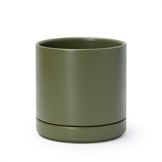 D'vine Dev 6.5 Inch Ceramic Planter Pot with Drainage Hole and Saucer, Indoor Cylinder Round Planter Pot, Olive, 94-O-C-J