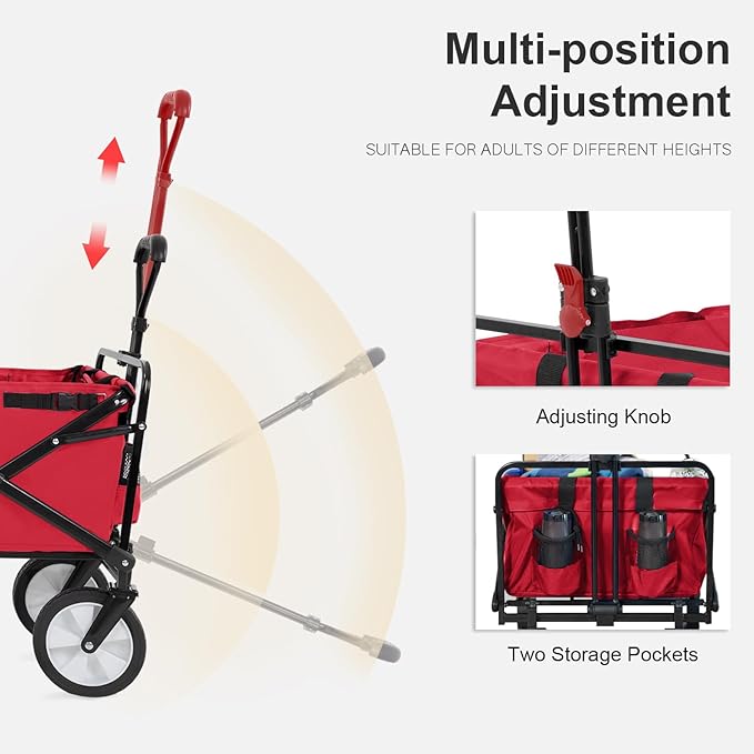 PayLessHere | Collapsible Wagon Cart with Wheels | Red | Heavy Duty Foldable Utility Cart with 330 lb Capacity | with All-Terrain Wheels & Adjustable Handle for Outdoor, Garden, Beach, Shopping